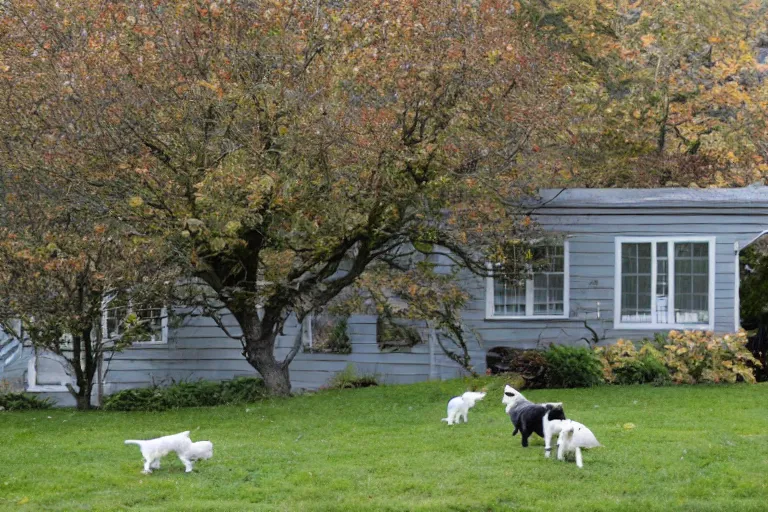 Image similar to the old lady across the street is walking her three tiny white dogs on leashes. she is sour and dour, and angry. she is looking down. she has gray hair. she is wearing a long gray cardigan and dark pants. green house in background. large norway maple tree in foreground. view through window.