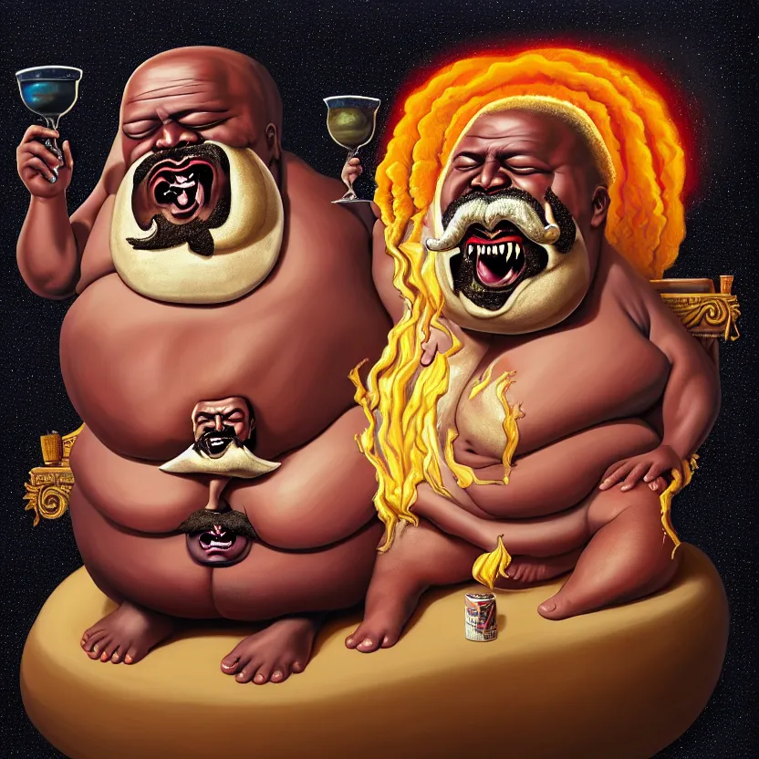 Image similar to painting of a very fat tsikalawe with a thick moustache sitting on a throne, eating the leg of a terrified man, his hair is a nuclear explosion, cute, hilarious, disturbing, nightmare, highly detailed, funny, hahahaha, by david cronenberg, found on artstation, hyperrealistic digital art