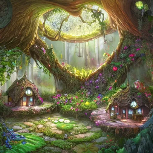 Prompt: the interior of a celestial dainty fairy cottage in a tree trunk decorated beautifully, lots of cute fairy design elements like toadstool mushrooms, warm sunlight shining in, lots of plants and flowers, concept art 8 k resolution, fantasy illustration, detailed painting, and deep color