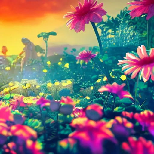 Prompt: a closeup photorealistic photograph of flowers, a beatiful sunset, fantastic four theme. bright scene. fine detail. this 4 k hd image is trending on artstation, featured on behance, well - rendered, extra crisp, features intricate detail, epic composition and the style of unreal engine.