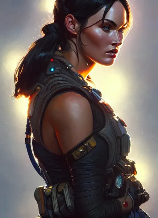 Image similar to portrait of apex legends megan fox, intricate, elegant, glowing lights, highly detailed, digital painting, artstation, glamor pose, concept art, smooth, sharp focus, illustration, art by artgerm and greg rutkowski, artey freytag