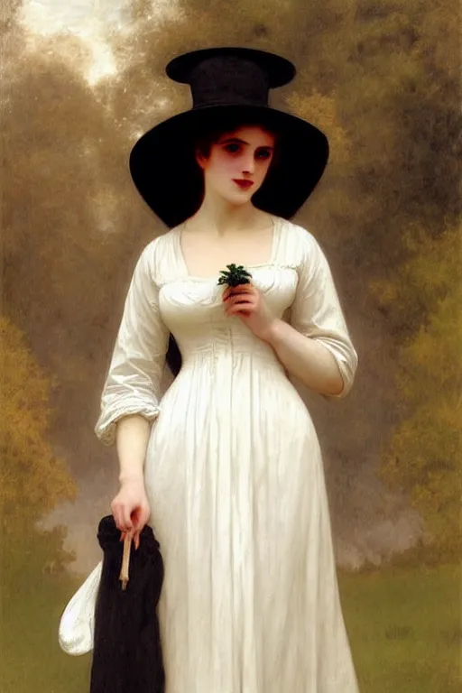 Image similar to victorian vampire in a big hat, white dress, painting by rossetti bouguereau, detailed art, artstation