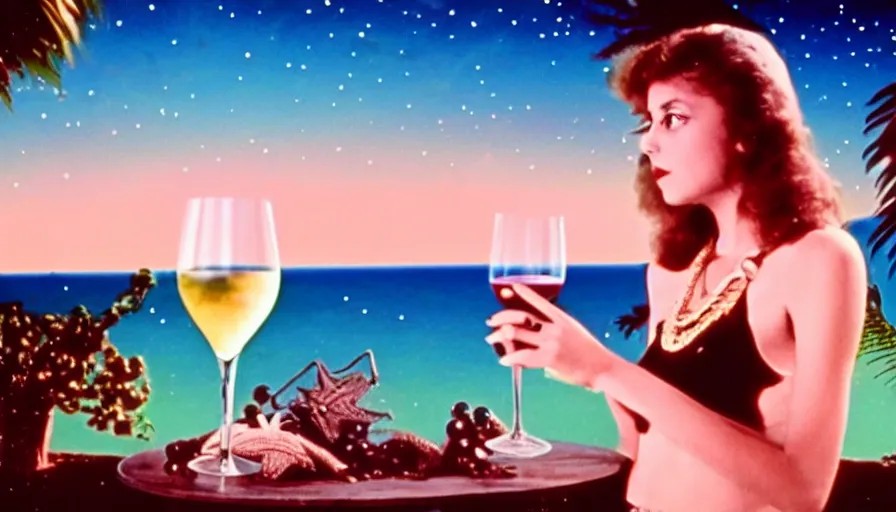 Prompt: 1 9 8 6 vintage movie screencap of a girl with a glass of wine on a mediterranean mansion, gucci clothes, night sky, beach and tropical vegetation on the background major arcana sky and occult symbols, extremely ultra high quality photo 8 k