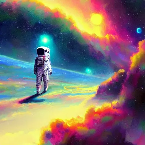 Image similar to an astronaut abserving a beautiful vista on an strange colorful world, digital painting, trending on artstation