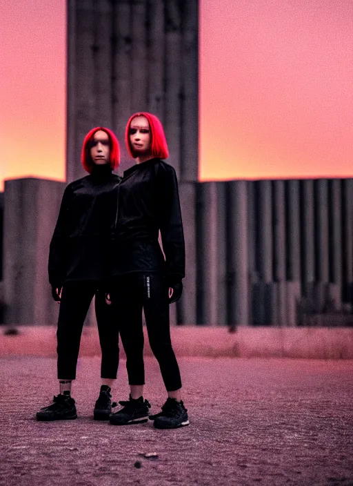 Image similar to cinestill 5 0 d photographic portrait of 2 women wearing black techwear in front of a brutalist sharp - edged metal building, closeup, on a desolate plain with a red sky, dystopia, cyberpunk, closeup, depth of field, 4 k, 8 k, hd, full color