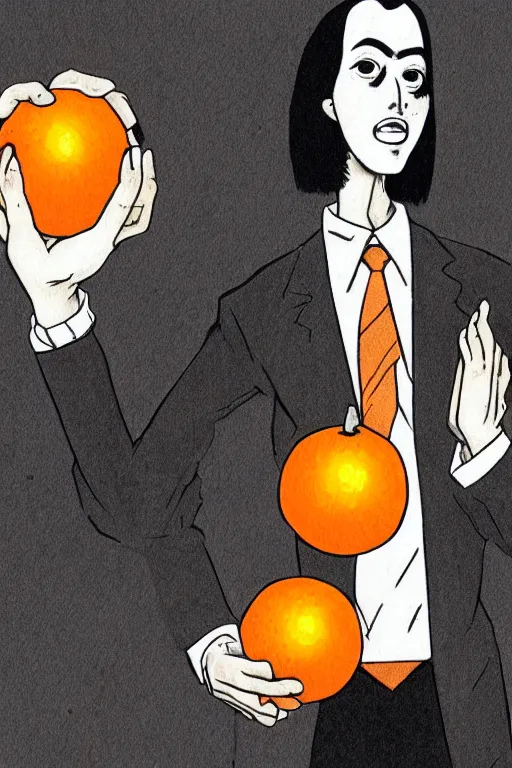 Image similar to junji ito illustration of a businessman with an orange fruit for a head