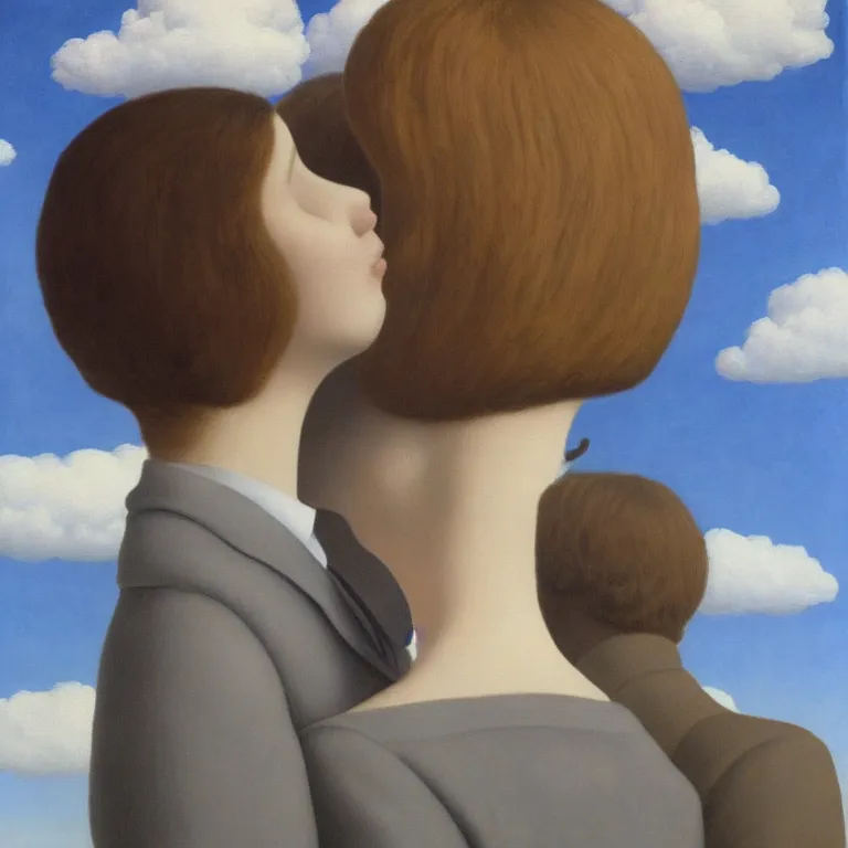 Prompt: porait of faceless woman and faceless man kissing, clouds in the background, by rene magritte, detailed painting, distance, centered, hd, hq, high resolution, high detail, 4 k, 8 k