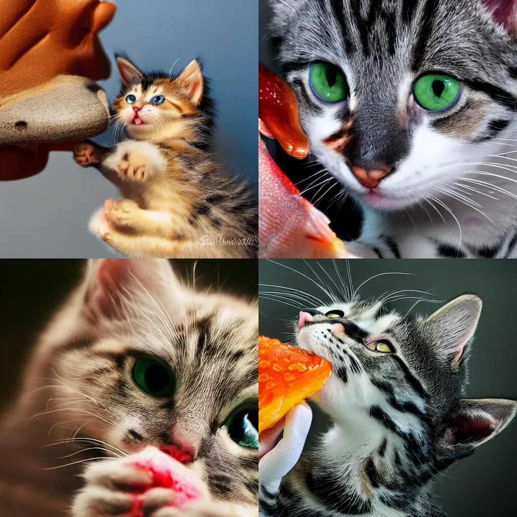 Prompt: A kitten licking a fish, close-up photography, macro photography, HD