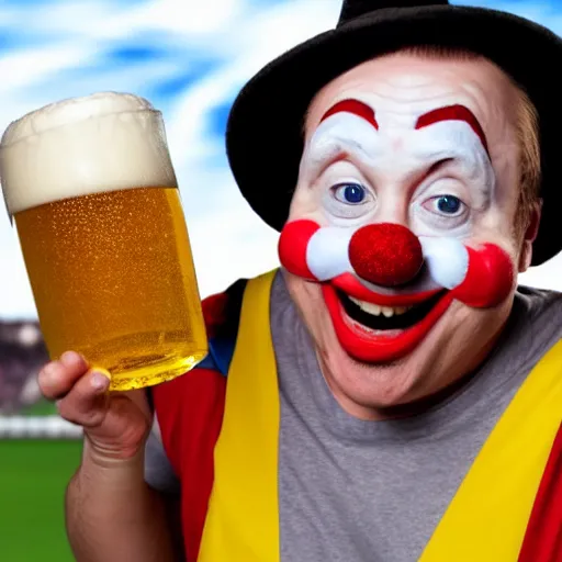 Image similar to silly little grumpy man clown with a beer in front of a soccer match