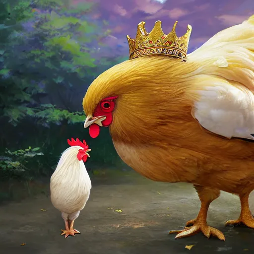Image similar to a chicken animal wearing a small chicken-sized golden crown on its head and small royal robes clothes. By Makoto Shinkai, Stanley Artgerm Lau, WLOP, Rossdraws, James Jean, Andrei Riabovitchev, Marc Simonetti, krenz cushart, Sakimichan, trending on ArtStation, digital art. Animal photo.