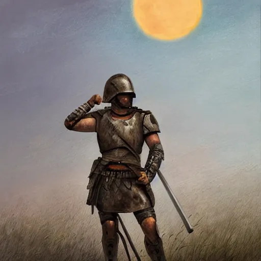 Image similar to Digital art of a tired spartan soldier on the battlefield in the style of an oil painting, acrylic, bleak, moonlight, detailed,