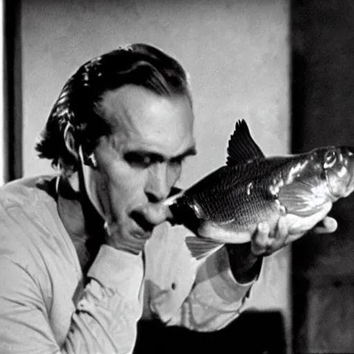 Image similar to a screen still of a man chewing on a carp from an episode of the twilight zone