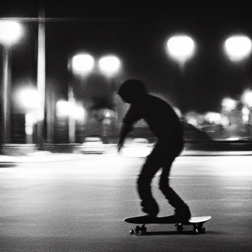 Prompt: a skateboarder in a cinematic shot of miami at midnight, canon eos c 3 0 0, ƒ 1. 8, 3 5 mm, 8 k, medium - format print, inspired by roger deakins cinematography