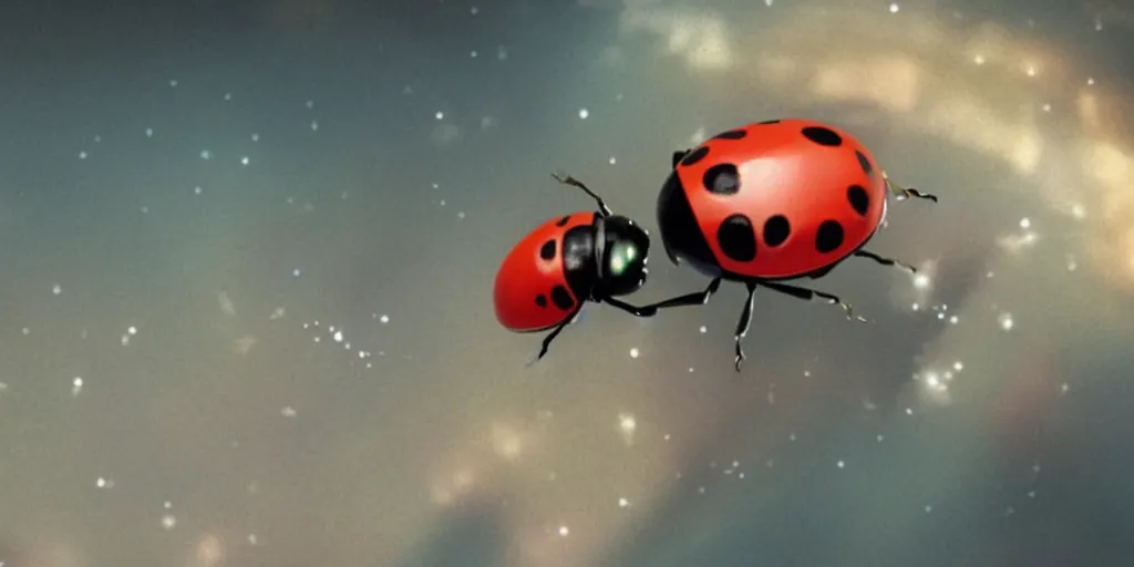 Prompt: a 3 d rendered movie still from a distance of 3 0 m of a ladybug 1 million years from now. the ladybug is sentient, wears tiny spacesuit, and conquered space exploration in a tiny space ship. science fiction blockbuster movie ladybugs rule the world, imax 7 0 mm. bladerunner.
