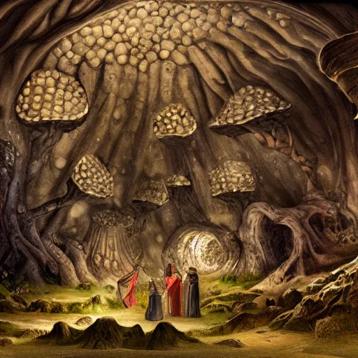 Prompt: a medieval pilgrimage in a garden of giant fungus in a gigantic cavern deep underground, dark, realistic painting