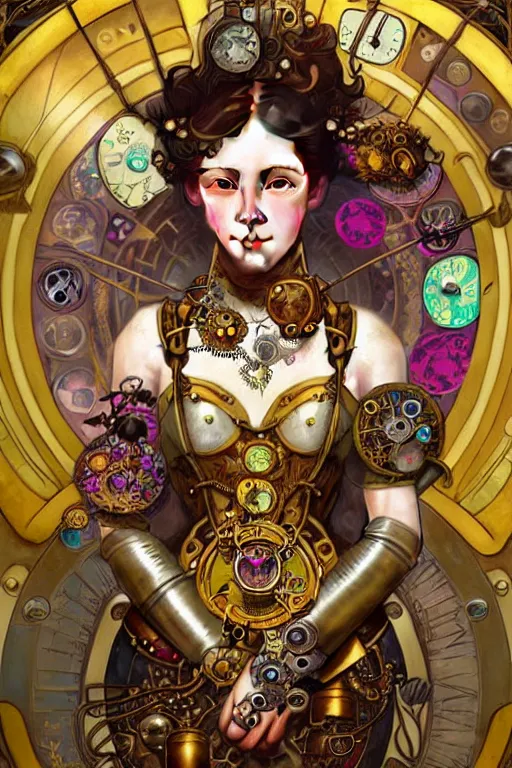 Image similar to beautiful portrait of a steampunk girl wearing a detailed armour of multicolored jewels with gold bugs and beetles , huge mechanical clocks, gold plated vegetation, intricate details, realistic shaded , steampunk, cyberpunk, highly detailed, artstation, illustration by alphonse mucha and Greg Rutkowski, art nouveau