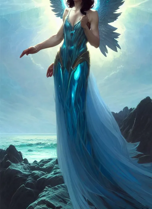 Image similar to a beautiful cinematic female archangel queen, fantasy sea landscape, fantasy magic, short aqua blue black fade hair, dark light night, intricate, elegant, sharp focus, illustration, highly detailed, digital painting, concept art, matte, art by WLOP and Artgerm and Greg Rutkowski and Alphonse Mucha, masterpiece