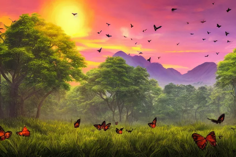 Prompt: the forest during a beautiful sunset, jungle mountains in the background with huge incredibly immense trees, highly detailed, trending on art station, flying birds in the distance, butterflies in the air, realistic painting, sharp image, jurassic image