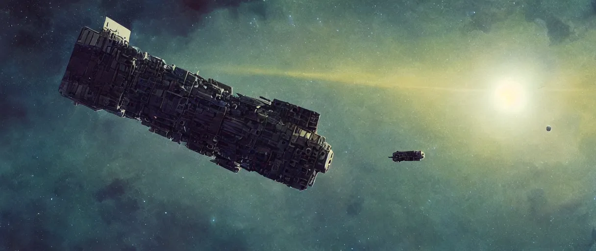 Prompt: illustration, a single small spaceship, deep space exploration, alone, the expanse tv series, industrial design, space travel, intergalactic, cinematic lighting, 4k, greebles, widescreen, wide angle, sharp and blocky shapes, beksinski