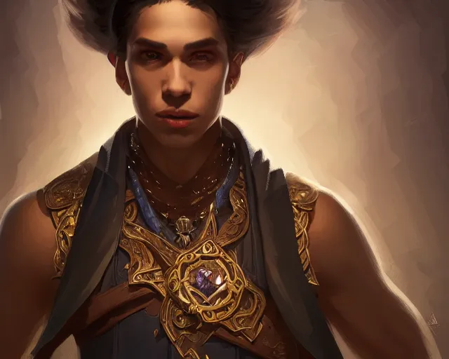 Image similar to a mind - blowing portrait of a young shadow mage male, wearing a vest with diamond pattern, joyful, d & d, fantasy, intricate, elegant, highly detailed, digital painting, artstation, concept art, matte, sharp, illustration, hearthstone, art by artgerm and greg rutkowski and alphonse mucha