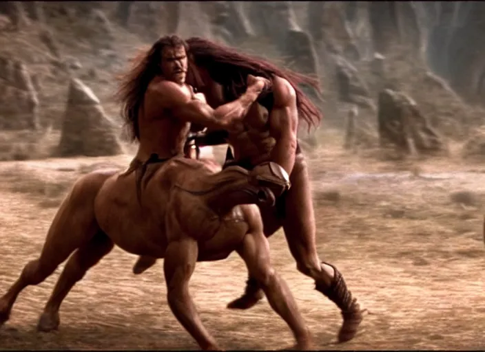 Prompt: beautiful tall muscular amazon wrestling a centaur, movie still, from the movie conan the barbarian, 8 k, realistic, action photography