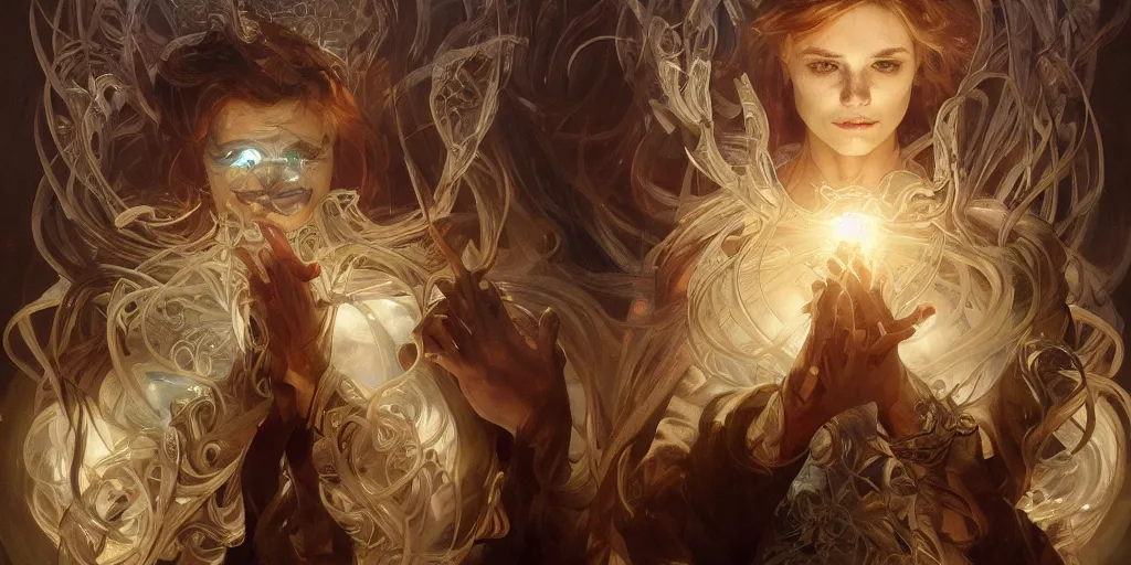 Image similar to too many hands, gnarled, so many hands, fingers, weird amount of hands, intense lighting, light beams, lens flare, intricate, elegant, highly detailed, digital painting, artstation, concept art, smooth, sharp focus, illustration, art by artgerm and greg rutkowski and alphonse mucha