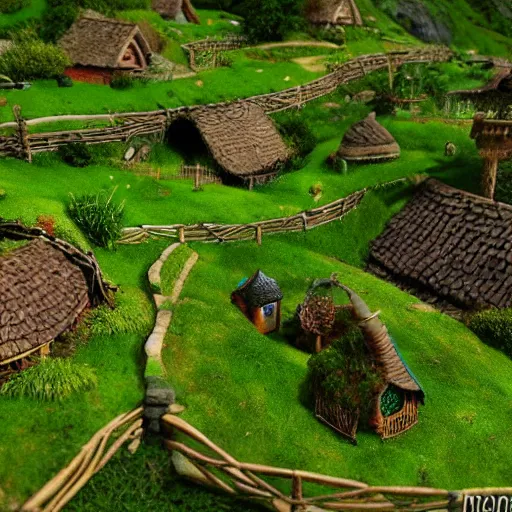 Prompt: the shire, hobbit village. green rolling hills, hobit mounds, hobbit people living life green open world colourful - rated, award winning, realistic, detailed lighting, detailed shadows