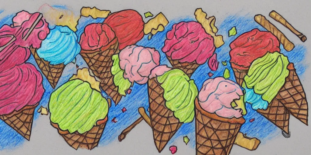 Image similar to colored pencil drawing of an ice cream food fight