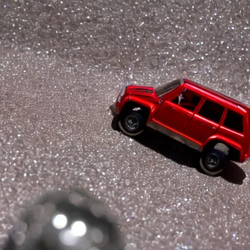 Image similar to 3 5 mm photo of metallic red aztek car like hot wheels model in area 5 1 as background