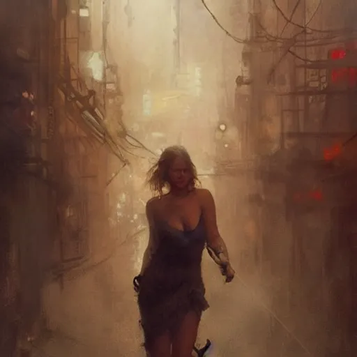 Image similar to jennifer lawrence, hyperrealistic full figure, bladerunner street alley, art of elysium by frank frazetta and by jeremy mann and by alphonse mucha, fantasy art, photo realistic, dynamic lighting, artstation, full figure poster, volumetric lighting, very detailed face, 4 k, award winning