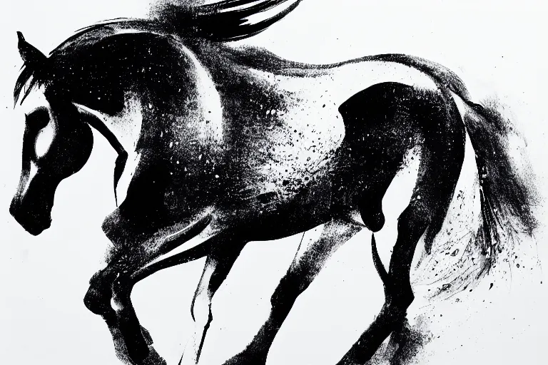 Prompt: bautiful serene ethereal horse, healing through motion, minimalistic ink aribrush painting on white background