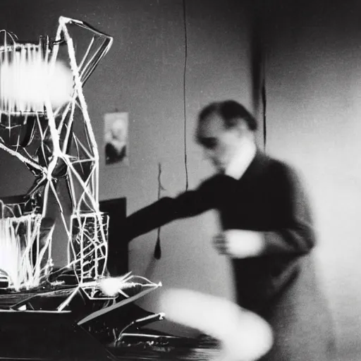 Image similar to filmstill of Marcel Duchamp working on a futuristic machine, long exposure, archival pigment print