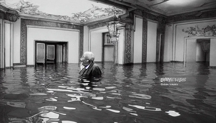 Image similar to 7 0 s movie still of an old manstanding in a soviet stalinist style palace flooded in water, eastmancolor, heavy grain, high quality, high detail