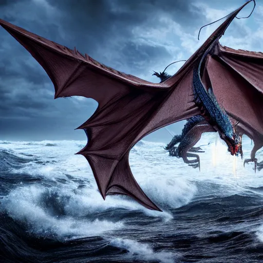 Image similar to a dragon with three heads emerging from the ocean during a storm, dramatic lighting, cinematic, high coherence, hyperrealistic, anatomically correct, path traced, highly detailed, high quality, 8 k hdr, octane render, unreal engine 5, trending on artstation, epic image, turbulent sea, concept art, digital art