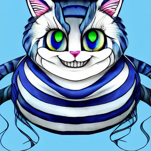 Prompt: cute blue striped cheshire cat. an adorable cat with light blue stripes, blue eyes and a mischievous smile. stunning digital art by eva balloon. fluffy, soft