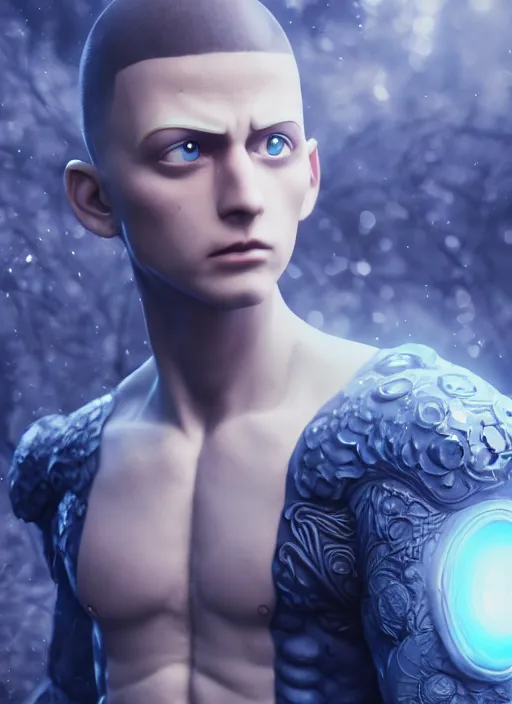 Image similar to Realistic Saitama blue eyes, artistic pose, light atmosphere, cinematic shot, intricate, ornate, photorealistic, ultra detailed, realistic, 100mm, photography, octane, high definition, depth of field, bokeh, 8k, artstation