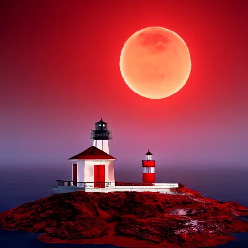 Image similar to lonely lighthouse in a red moon shaped pool, style by ayvazovsky and stanley kubrick, cinematic lighting, more details, hyper realistic,