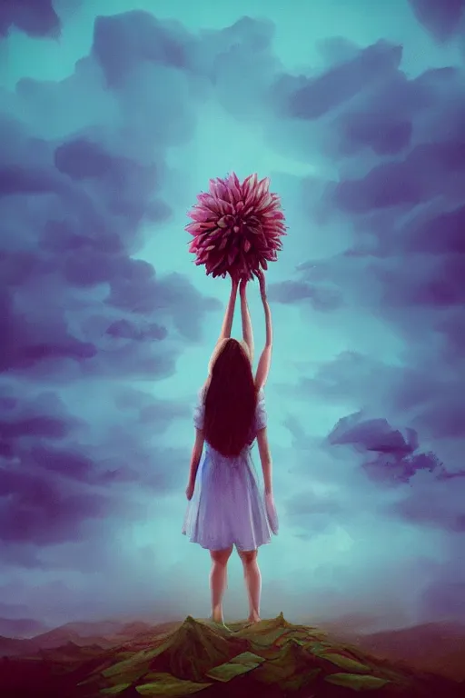 Prompt: closeup giant dahlia flower under head, girl standing on mountain, surreal photography, blue storm clouds, dramatic light, impressionist painting, digital painting, artstation, simon stalenhag