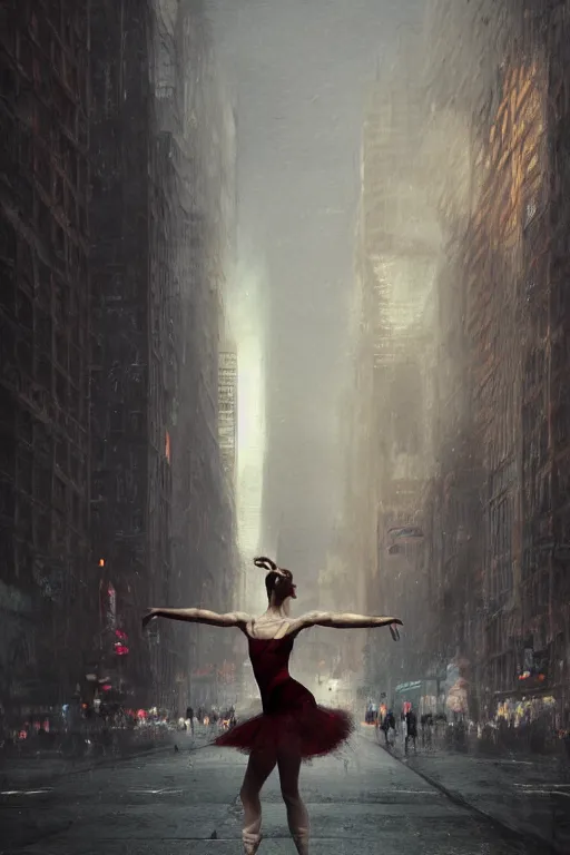 Image similar to a ballerina dancing in the empty streets of New York , beautiful woman, digital art, by Greg Rutkowski, volumetrics, dark realism, 4k, trending on artstation