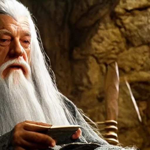 Image similar to Gandalf using the internet to look for information about the One Ring