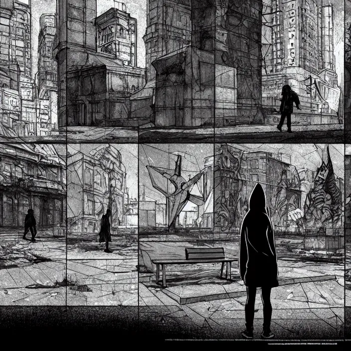 Image similar to storyboard : sadie sink in hoodie sits on bench in ruined square, pedestrians walk by, soviet monument and propaganda posters. scifi cyberpunk. by gabriel hardman. cinematic atmosphere, detailed and intricate, perfect anatomy