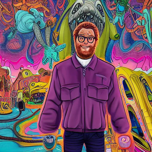 Image similar to a detailed painting of scooby-doo poorly disguised as Seth Rogen by Junji ito and Lisa frank, mobius, giger, escher, muted color scheme, artstation,8k,artstationHD,artstationHQ, cinematic, diffuse lighting