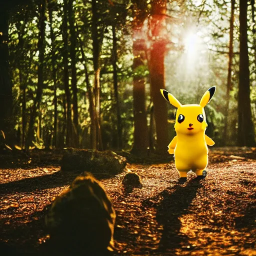 Prompt: Adorable life sized pikachu standing at a distance in the forest. Backlit with rays of sunlight. 35mm.