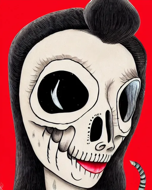 Prompt: a surrealistic head and shoulder painting of a gorgeous female skeleton with cat eyeballs and lipstick and hoodie, in the style of tsuguharu foujita, digital art, detailed masterpiece