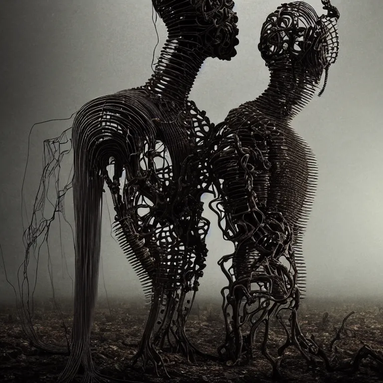 Prompt: portrait of abandoned ribbed organic biomechanical sculpture of two kissing cyborgs, covered with wires, spines, roots, ash, mold, meat, baroque painting, standing in a desolate empty wasteland, creepy, nightmare, dream-like heavy atmosphere, dark fog, surreal abandoned buildings, baroque painting, beautiful detailed intricate insanely detailed octane render trending on Artstation, 8K artistic photography, photorealistic, volumetric cinematic light, chiaroscuro, zoomed out, Raphael, Caravaggio, Beksinski, Giger