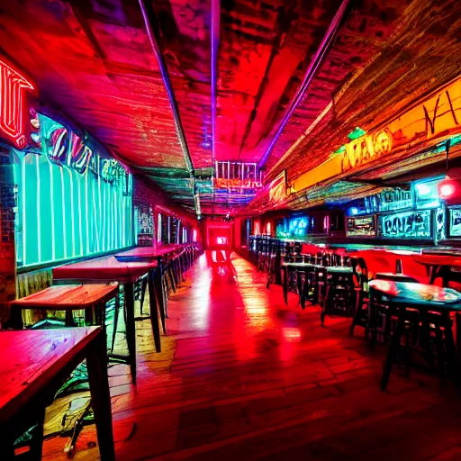 Prompt: interior of an old wood frame warehouse converted to a country band bar, full of neon signs
