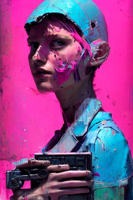 Image similar to portrait of a beautiful postacoliptic girl that has lived trough war and has seen death, in the colors hot pink and cyan, beautiful face, rule of thirds, complex outfit, with gadgets and guns build from scrap and junk metal, spotlight, by greg rutkowski, by jeremy mann, by francoise nielly, by van gogh, digital painting