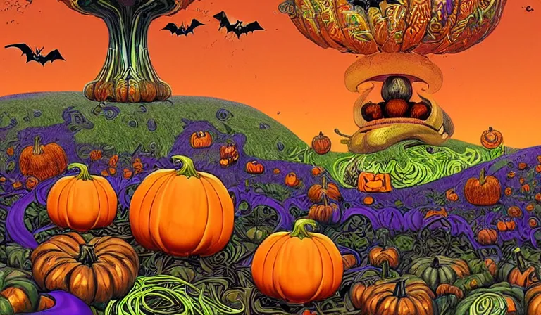 Prompt: psychedelic halloween pumpkin fantasycore farmscape, glossy painting, art nouveau elemental 4 k detailed matte illustration trending on behance, cgsociety, black and cinnamon color scheme, pastiche by tim and greg hildebrandt, pastiche by kay nielsen