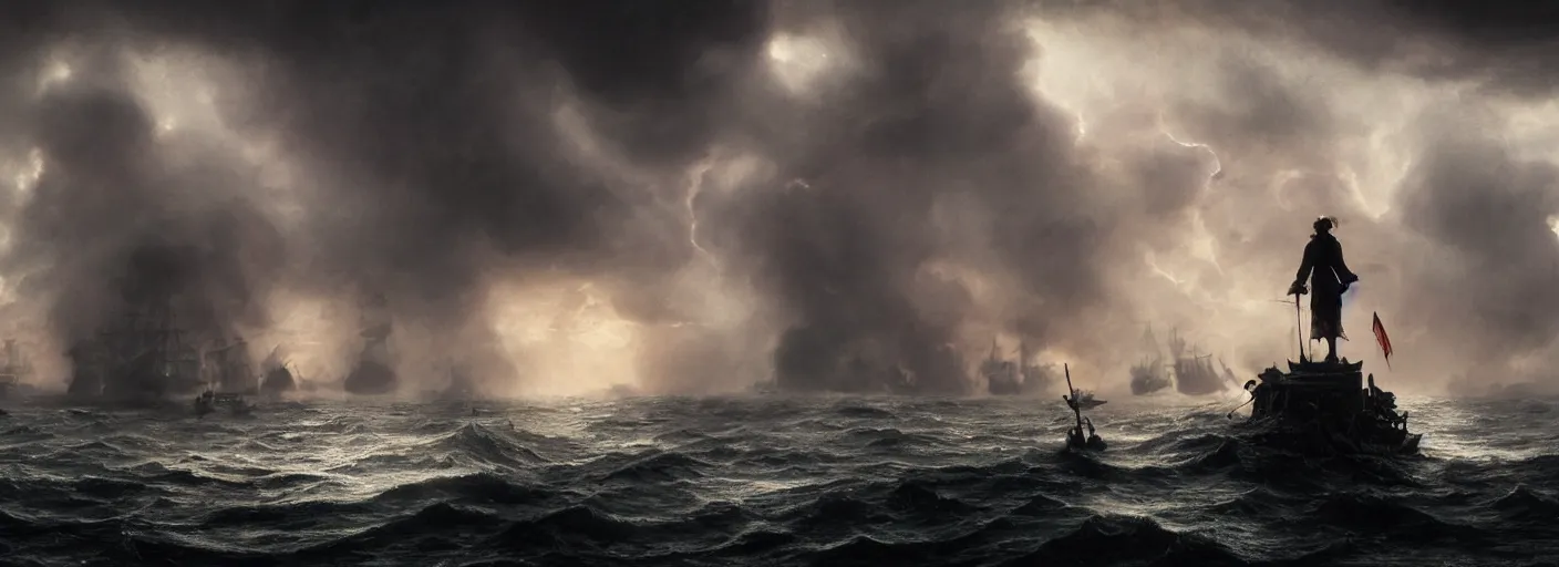 Prompt: a pirate standing on his ship watching big explosions on the wild sea, beautiful dramatic moody lighting, cinematic atmosphere, high detail, 8k, ornate, dark fantasy, masterpiece, complex, film still from the movie directed by Denis Villeneuve with art direction by Zdzislaw Beksiński, Dan Mumford, Patiphan Sottiwilaiphong, Yintion J - Jiang Geping