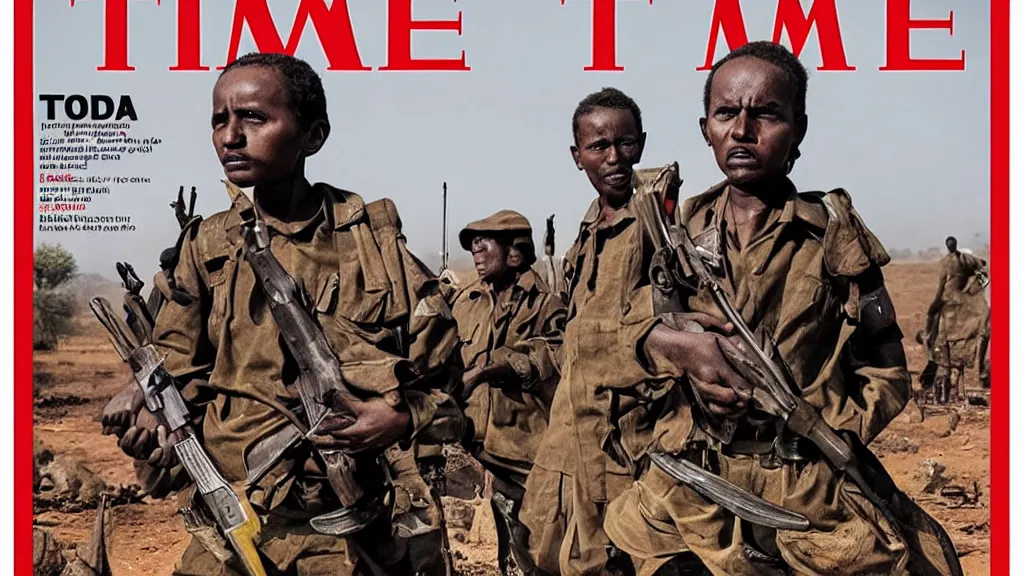 Prompt: ethiopian civil war, derg, moody, in the cover of time magazine